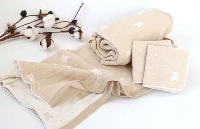 G1955 【babybear】多重ガーゼ  miniバスタオルタオル＆ハンカチ 4枚セット（ベージュ）