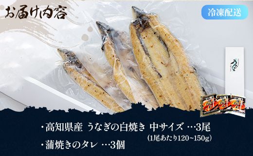 高知県産うなぎの白焼き 中サイズ 3尾(合計360g以上) タレ付き - 鰻 ウナギ 晩ご飯 夕飯 おかず 魚 肴 おつまみ ギフト 贈答 贈り物 丑の日 クリスマス 年末年始 吉川水産 高知県 香南市【冷凍】 yw-0046