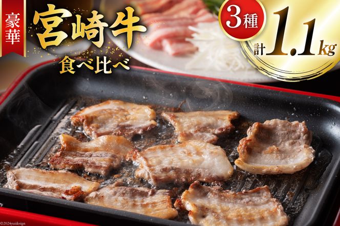 牛肉 宮崎牛 3種 食べ比べ 計1.1kg [ミヤチク 宮崎県 美郷町 31au0055] 黒毛和牛 冷凍 小分け 個包装 焼肉 牛肩ロース 牛ウデ 牛モモ