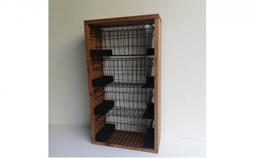 無垢材 落下防止付 ワイヤーバスケット シェルフ 4段　BIG カゴ付 [新星金属製作所 大阪府 守口市 20940961] 天然木 ナチュラル ラック リビング 玄関 子供部屋 風呂場 大容量 収納