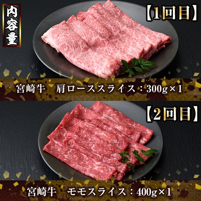 【定期便・全6回(連続)】宮崎牛定期便＜Bセット＞お楽しみ 牛肉 国産 定期 ヒレ肉 ひれにく モモ ウデ ロース バラ スライス 宮崎県産 黒毛和牛 小間切れ 焼肉 ステーキ しゃぶしゃぶ すき焼き【R-68】【株式会社ミヤチク】