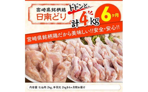 【6ヶ月定期便】宮崎県産若鶏　日南どり　むね肉＆手羽元　計4kg（各2㎏×1） 【 ふるさと納税 鶏肉 鶏 若鶏 むね 手羽元 セット 宮崎県産 川南町 おうち時間 おうちごはん 定期便 送料無料 】 [C05309t6]