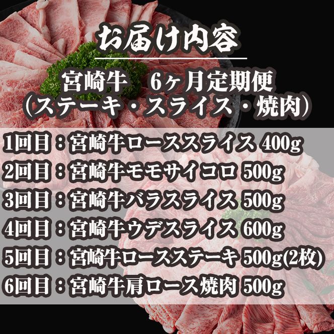 ＜定期便・全6回(連続)＞宮崎牛定期便＜Fセット＞(総量3kg) 牛肉 もも 肉 サイコロ ステーキ バラ スライス 焼肉 肩ロース ウデ BBQ 精肉 お取り寄せ 黒毛和牛 ブランド和牛 冷凍 国産【R-82】【ミヤチク】