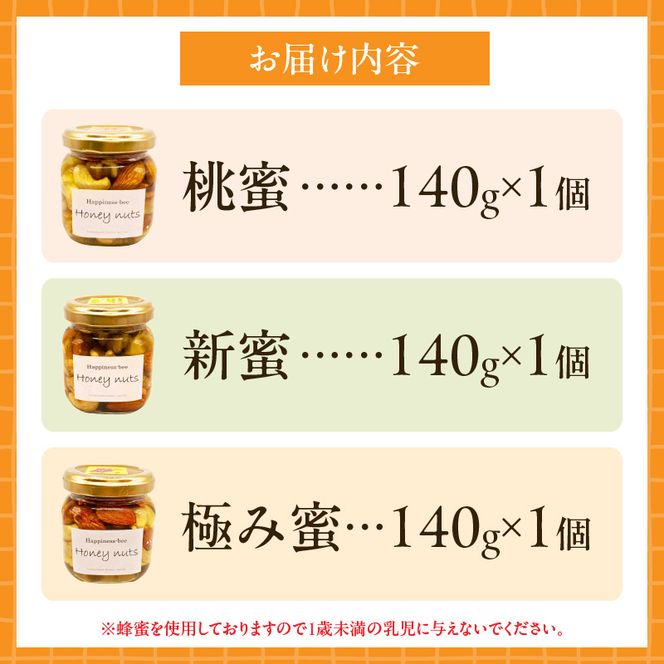 ＜非加熱＞桃蜜・新蜜・極み食べ比べハニーナッツ（140g×3個）［055A36］
