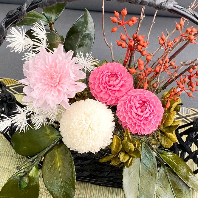 AJ087-2 プリザーブドフラワーアレンジ【葉月/紅桃】春日部市 シュガーパイン