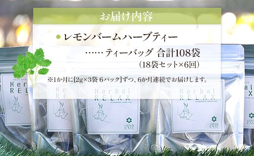 6か月定期便 さわやかレモンバームハーブティー 合計108袋 - ハーブ お茶 飲み物 ティーバッグ 茶葉 レモンバーム Wgr-0099