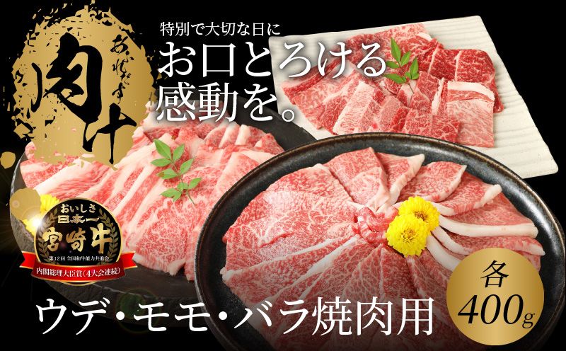 スピード発送!!2週間以内に発送 宮崎牛 ウデ モモ バラ 焼肉用 各400g K18_0031_4