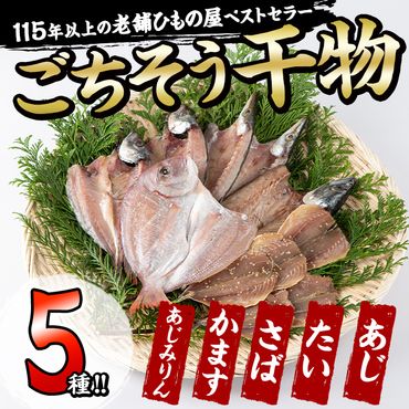 ごちそう干物5種セット (11尾・5種) 簡単 調理 干物 たい タイ 鯛 あじ アジ かます カマス さば サバ 丸干し 開き みりん干し 魚 海鮮 冷凍 詰め合わせ セット 大分県 佐伯市【AQ76】【(株)やまろ渡邉】