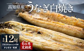 【6カ月定期便】高知県産鰻の白焼き130～150ｇ×2尾 合計12尾 エコ包装 - 鰻 ウナギ 有頭 つまみ ご飯のお供 たれ 簡易包装 Wyw-0069