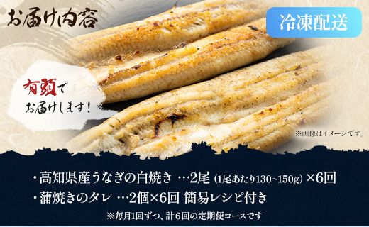 【6カ月定期便】高知県産鰻の白焼き130～150ｇ×2尾 合計12尾 エコ包装 - 鰻 ウナギ 有頭 つまみ ご飯のお供 たれ 簡易包装 Wyw-0069