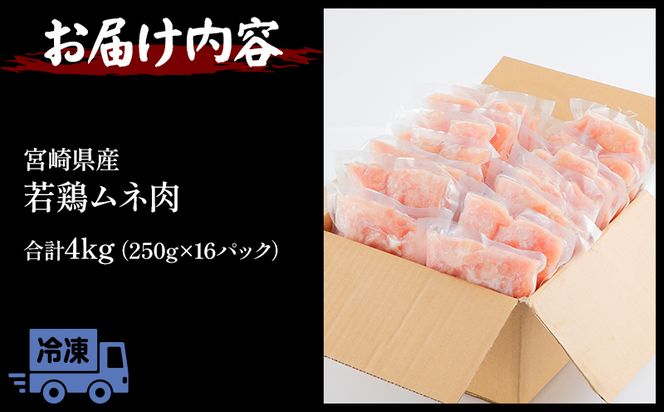 宮崎県産若鶏 むね肉 4kg(250g×16パック)※小分け・カット済・真空冷凍_M146-009_01