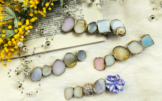 【国産樹脂使用】アゲートスライス ヘアアクセサリー 3点 セット【ハンドメイド作家作品】《築上町》【＊serendipity＊】[ABAS016]