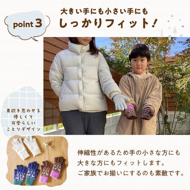 手袋　ことり［096A21］手袋 選べる カラー  絵柄 小鳥 手袋付けたまま タッチパネル 操作可能 ふわふわ モヘアのような肌触り 洗濯可 フィット感 防寒対策 お出かけ 旅行 デート シンプル 伸縮性 大人 子ども 日用品 雑貨 愛知県 小牧市 送料無料