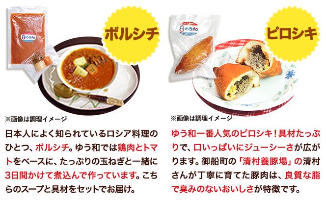 ゆう和 ピロシキ ボルシチ セット 計10食分 ボルシチ4食 ピロシキ6食 ギャラリーレストランゆう和 《30日以内に出荷予定(土日祝除く)》 ピロシキ トマトボルシチ 冷凍 熊本県 御船町 有限会社ながもと---mifune_ywa_3_10p---