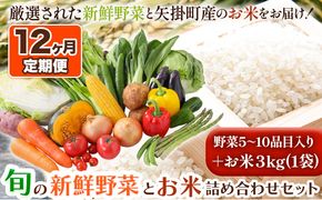 【12ヶ月定期便】旬の新鮮野菜とお米詰め合わせセット 野菜5～10品目入 青空市きらり《お申込み月の翌月から出荷開始》岡山県 矢掛町 野菜 野菜詰め合わせ 米 米3kg トマト きゅうり アスパラガス 玉ねぎ リーキ 送料無料---osy_cakrytei_24_180000_mo12num_s---