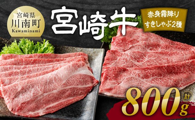 宮崎牛赤身霜降りすきしゃぶ2種 800g[肉 牛肉 国産 宮崎県産 宮崎牛 黒毛和牛 和牛 すき焼き しゃぶしゃぶ 焼きしゃぶ 4等級 A4ランク 肩ロース ウデ モモ E11123]