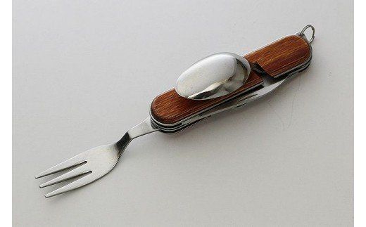 H13-01 茶合板柄 スプーン・フォーク付 5徳 引割ナイフ（KT-531） ～アウトドア キャンプ バーベキュー BBQ カトラリー 栓抜き 缶切 ナイフ 便利 多目的 多機能 マルチ 多機能ツール マルチツール 関の刃物～