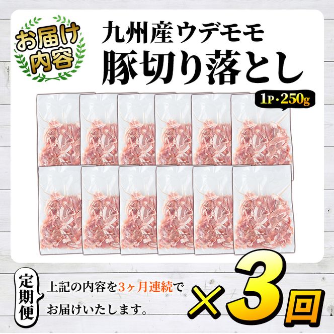 ＜定期便・全3回＞豚肉ウデモモ切り落とし(計9kg・1パック250g) 小分け 国産 豚肉 豚小間 真空パック 家庭用 豚こま 定期便 スライス 冷凍配送 個包装 切り落し 切落し すき焼き しゃぶしゃぶ セット 詰め合わせ 数量限定【三九】akn006-13