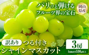 【先行予約】 岡山県産 訳あり つる付き シャインマスカット 3房 (530g以上) 【配送不可地域あり】 《9月上旬-11月上旬頃に出荷予定(土日祝除く)》 岡山県 矢掛町 マスカット ぶどう 葡萄 果物---osy_chbf15_ad911_25_24500_3---