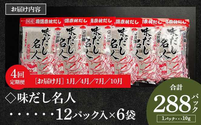 【４回定期便】無添加のだし名人鰹味 計72パック 1月・4月・7月・10月お届け -国産 だしパック 出汁 万能だし 和風だし 粉末 調味料 食塩不使用 かつお節 昆布だし 煮干し Wmk-0014