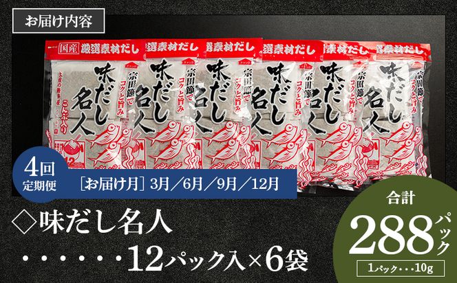 【４回定期便】無添加のだし名人鰹味 計72パック 3月・6月・9月・12月お届け - 国産 だしパック 出汁 万能だし 和風だし 粉末 調味料 食塩不使用 かつお節 昆布だし 煮干し 手軽 簡単 味噌