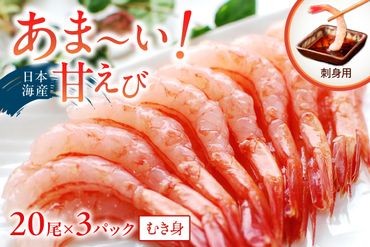 甘ーい！お手軽！日本海産 甘えび むき身 20尾×3パック 刺身用　魚介類 甲殻類 海の幸 刺身 冷凍 甘えび ふるさと納税 えび 甘エビ 海老 えび エビ アマエビ あまえび 甘海老 生食 刺身 冷凍 国産　YK00214