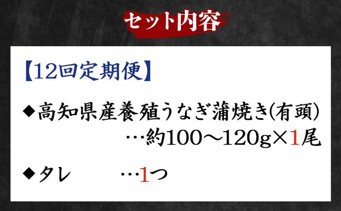 国産 うなぎ 定期便 100g～120g １尾 12回 蒲焼き 高知県産 養殖 魚介 国産 海鮮 魚 かばやき 鰻 ウナギ 惣菜 おかず お手軽 加工品 加工食品 冷凍 Wfb-0036