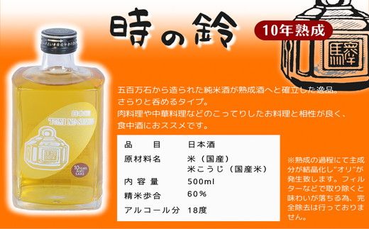 【7.8-1】長期熟成酒 時の鈴　10・15・20年熟成セット(500ml各１本) 古酒 日本酒 国産米 少量生産 松阪牛