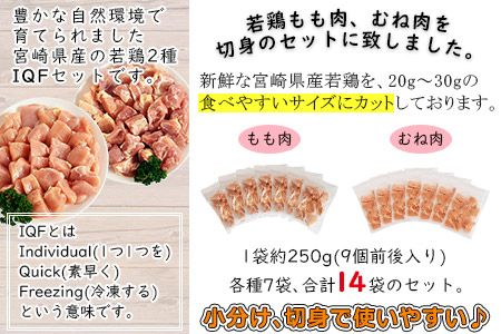 ＜宮崎県産若鶏もも切身・むね切身セット IQF250g×14袋 合計3.5kg＞翌月末迄に順次出荷【c645_dm_x2】