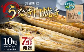 国産うなぎ 高知県産 白焼き 10尾(100～110g×10尾) 合計1kg以上 田野町完全天日塩 20g付き 黒箱 yw-0087