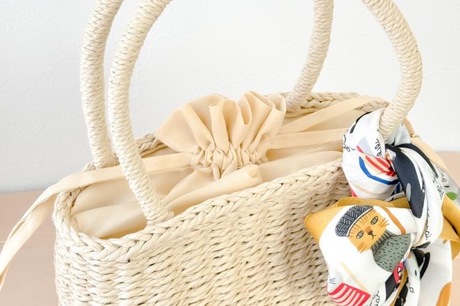 かごバッグ リボン 猫 スカーフ 巾着 インナーバッグ 軽い 夏 浴衣 かばん 大人 可愛い カジュアル カゴバッグ 鞄 イエロー 232238_CM008-PR