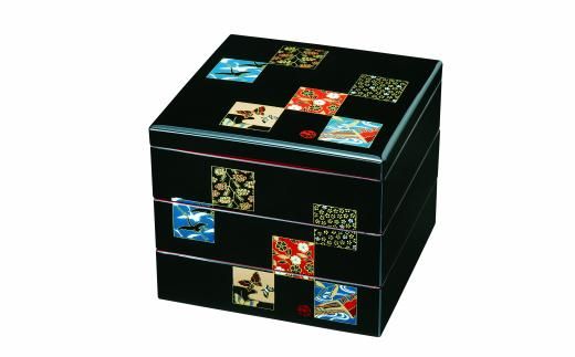 三段重箱 黒内朱 市松友禅 お重 紀州漆器 重箱 3段 運動会 おせち料理 おせち お正月 年末年始 黒【YG5】 303446_CC03VC02