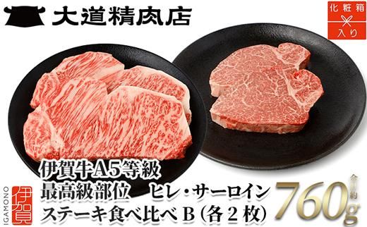 伊賀牛 A5ヒレ・サーロイン 食べ比べステーキセットB 総合計約760g【最高級部位】 dido0026