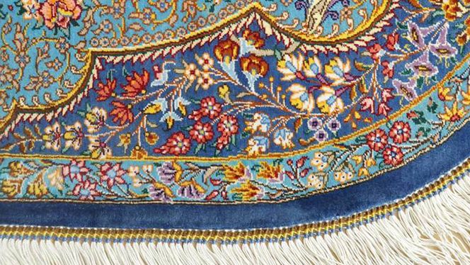 【限定1品】 ペルシャ絨毯 シルク100％ 手織り ラグマット カーペット／ 高級 玄関マットサイズ 89×61cm 高品質 じゅうたん ラグ （FS-2114) メダリオン 青 エントランスマット 寝室 書斎 和室 床暖房 ホットカーペット対応 じゅうたん ラグ 高密度 逸品 美しい マット カーペット 芸術 エレガント インテリア モダン 上質 [BP165-NT]