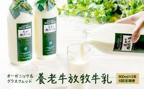 【定期便：全6回】オーガニック＆グラスフェッド養老牛放牧牛乳900ml×3本【13011】