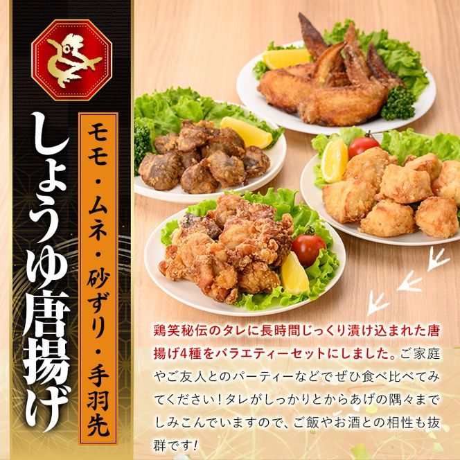 宮崎県産若鶏使用！夢創鶏唐揚げ 4種セット(もも・むね・すなずり・手羽先) 鶏肉 肉 もも肉 むね肉 砂ずり 砂肝 すなぎも 手羽先 テバサキ からあげ 国産 から揚げ カラアゲ 冷凍 レンジアップ レンジ調理 便利 惣菜 宮崎県 門川町【TS-15】【鶏笑】