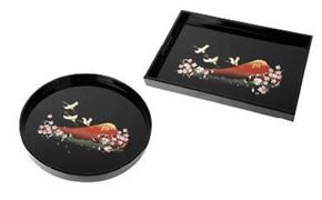 長手盆・丸盆 ２枚セット富士に桜(木製・カシュー漆塗り)【紀州漆器】 303446_303446_CR047