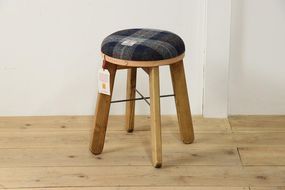 ハイスツール 【ネイビー&グレーチェック×ブラウン】HARRIS TWEED（ハリスツイード）家具  Z087