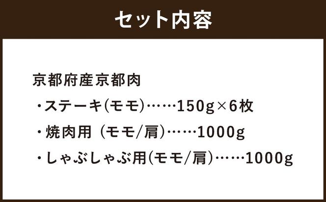 【銀閣寺大西】京都肉ステーキ（150g×6枚）＆焼肉（1000g）＆しゃぶしゃぶ用（1000g）［ 京都 老舗 肉 モモ 人気 おすすめ グルメ おいしい 高級 ブランド ブランド牛 和牛 国産牛 料理 ステーキ すき焼き しゃぶしゃぶ 焼肉 ］  261009_A-AG015