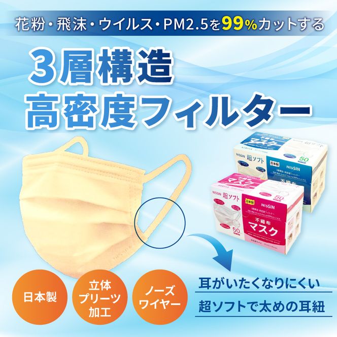 超ソフト 耳がいたくなりにくい不織布マスク（日本製） 50枚入（10枚×5袋入）【女性用サイズ/大人用サイズ】［169N01］超ソフト 不織布 マスク 日本製 高密度 花粉 飛沫 ウイルス PM2.5