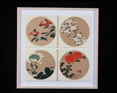 【芸艸堂】伊藤若冲 木版画　四季の花卉天井画パネル仕立て額装 261009_B-AE10