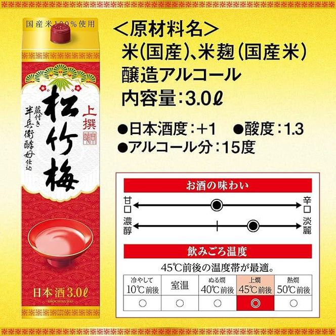 【宝酒造】上撰松竹梅「サケパック」（3L紙パック×4本）［ タカラ 京都 お酒 日本酒 清酒 人気 おすすめ 定番 おいしい ギフト プレゼント 贈答 ご自宅用 お取り寄せ ］ 261009_B-BL51