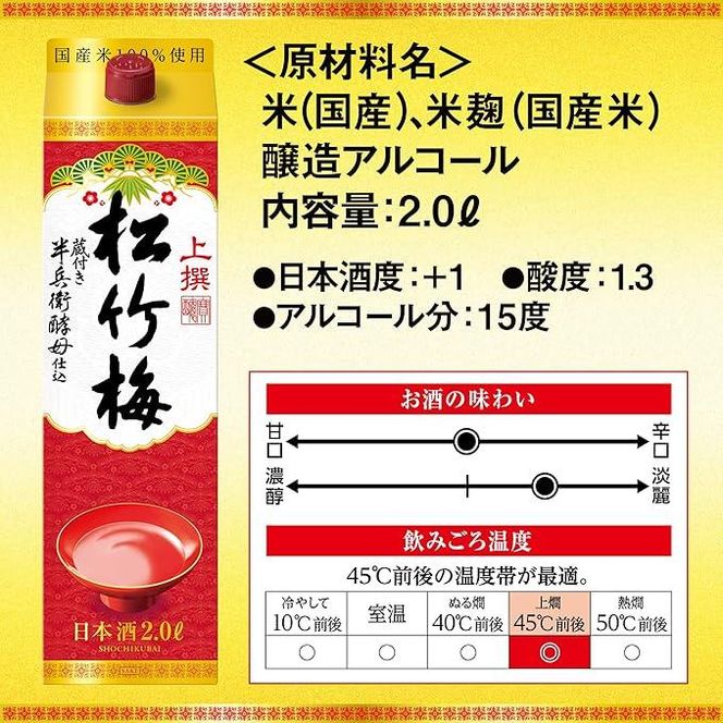 【宝酒造】上撰松竹梅「サケパック」（2L紙パック×6本）［ タカラ 京都 お酒 日本酒 清酒 人気 おすすめ 定番 おいしい ギフト プレゼント 贈答 ご自宅用 お取り寄せ ］ 261009_B-BL52