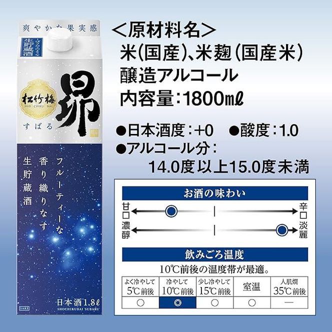 【宝酒造】松竹梅「昴」〈生貯蔵酒〉（1.8L紙パック×6本）［ タカラ 京都 お酒 日本酒 清酒 人気 おすすめ 定番 おいしい ギフト プレゼント 贈答 ご自宅用 お取り寄せ ］ 261009_B-BL54