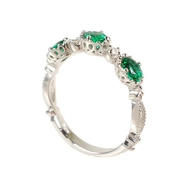 【京セラ】クレサンベール〈エメラルド・天然ダイヤモンド〉リング【オーバル3石/アンティーク風/5月誕生石/K18ホワイトゴールド/WRGE2635】 261009_B-EU71