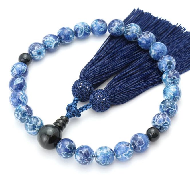 【京念珠×京ちりめん】青虎目石 数珠袋付き ブルー【土屋念珠店/男性用/メンズ/数珠/略式/仏具】 261009_B-FR79
