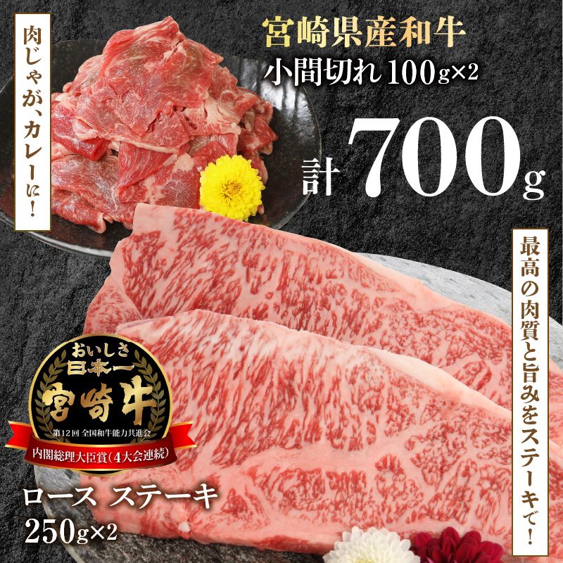 宮崎牛 ロース ステーキ 250g×2 宮崎県産和牛小間切れ 100g×2 計700g