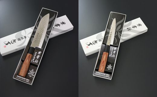 H28-04 兼常作 ステン1K6 鎚目磨き 赤合板丸柄 三徳＆ペティナイフ 包丁セット ～和洋折衷 海外でも人気 関の刃物 KC-952 KC-954～