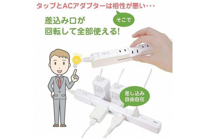 電源タップ　耐雷サージ　USBポート付き回転式電源タップ　ホワイト　USB×2ポート　4個口2ｍ　WBS-SL402USB(W) 272183_AZ141