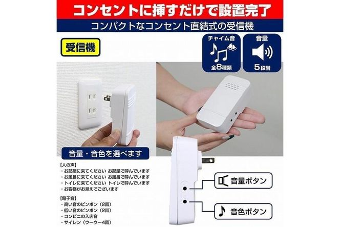 電池の心配がいらない ワイヤレスチャイム　呼び鈴　防犯　工事不要　WC-S6040AC 272183_AZ148